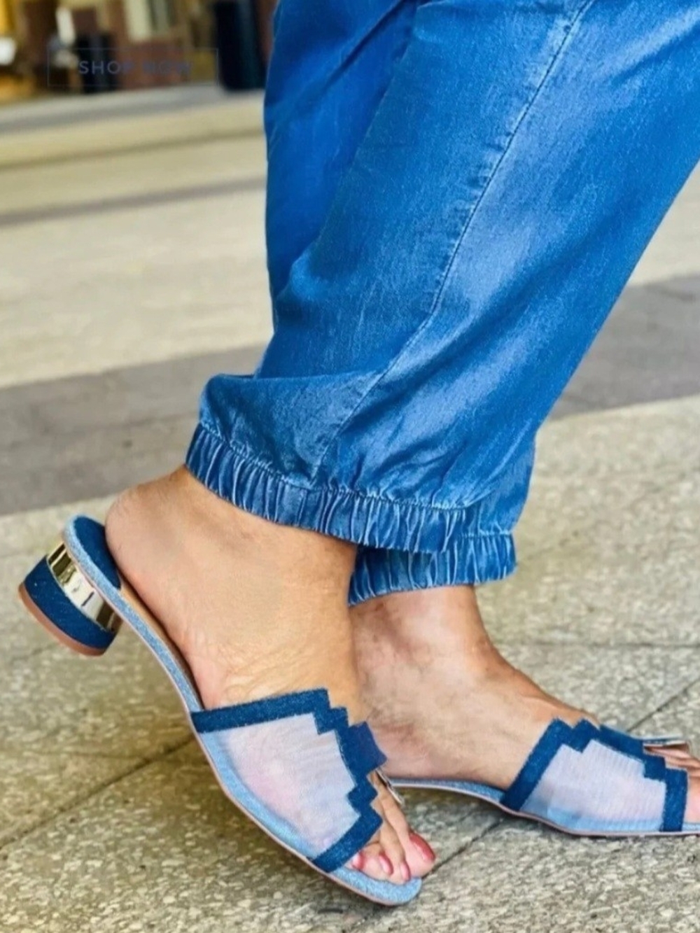 J.Renee Denim Blue Mesh Zigzag-Trim Slide Sandals